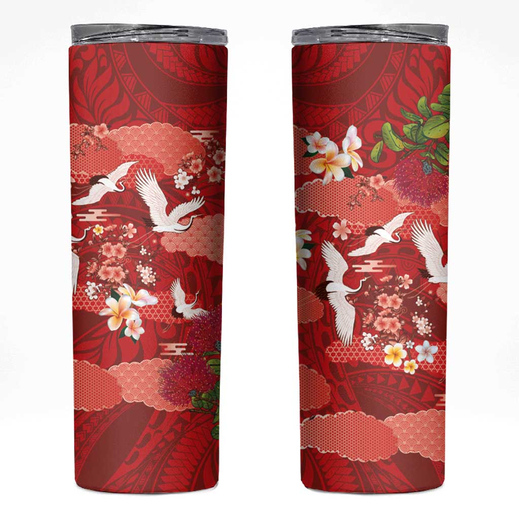 Hawaiian and Japanese Culture Together Skinny Tumbler Red Ohia Lehua Plumeria and Sakura Blooming - Polynesian Pride