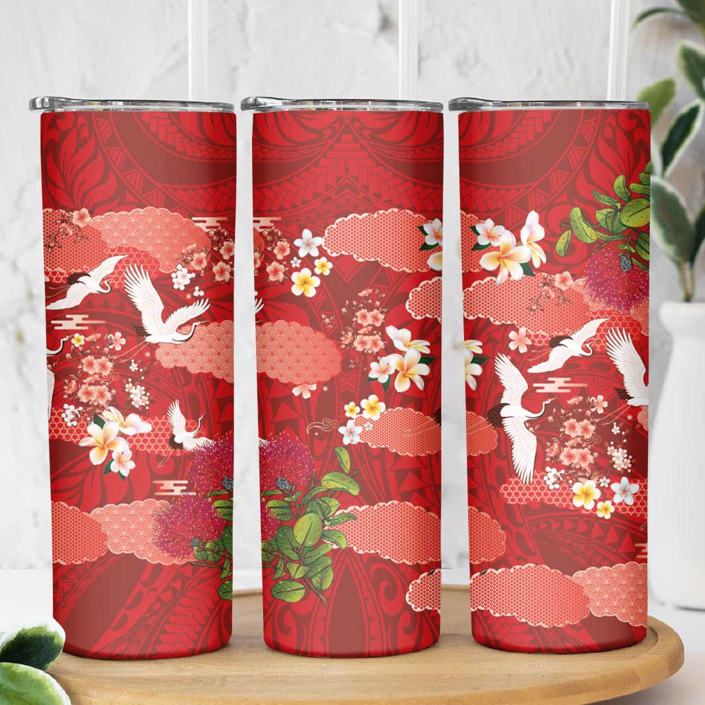 Hawaiian and Japanese Culture Together Skinny Tumbler Red Ohia Lehua Plumeria and Sakura Blooming - Polynesian Pride