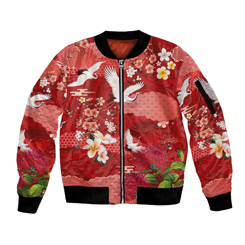 Hawaiian and Japanese Culture Together Sleeve Zip Bomber Jacket Red Ohia Lehua Plumeria and Sakura Blooming - Polynesian Pride