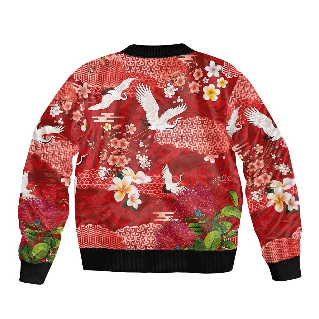 Hawaiian and Japanese Culture Together Sleeve Zip Bomber Jacket Red Ohia Lehua Plumeria and Sakura Blooming - Polynesian Pride