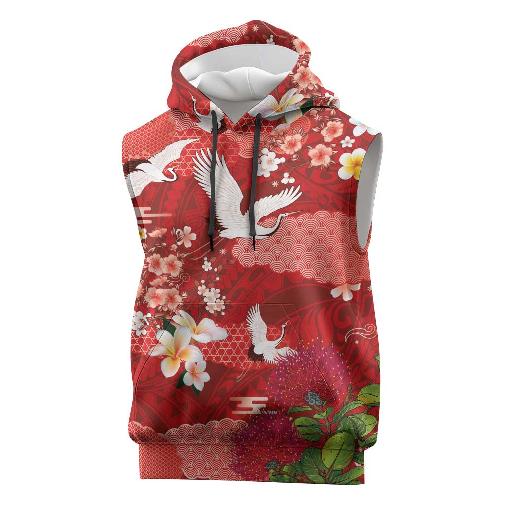 Hawaiian and Japanese Culture Together Sleeveless Hoodie Red Ohia Lehua Plumeria and Sakura Blooming - Polynesian Pride