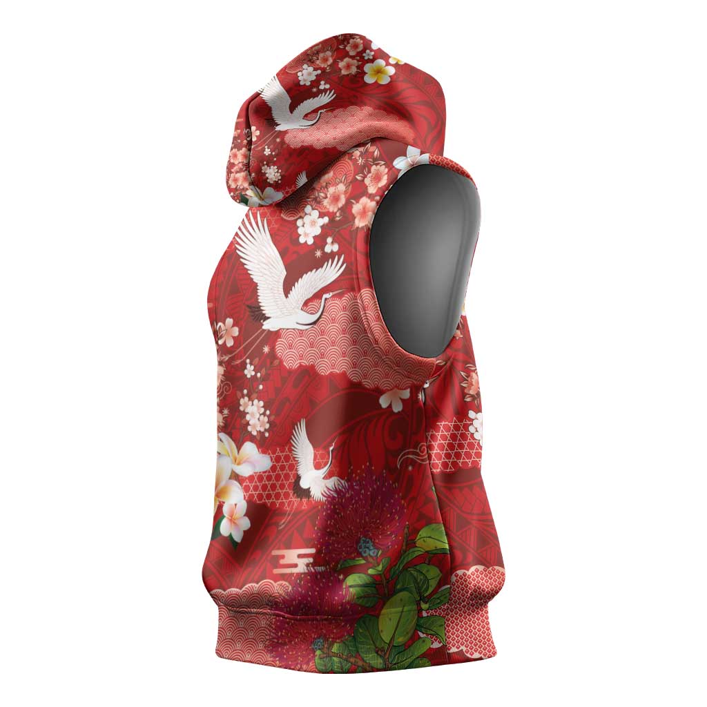 Hawaiian and Japanese Culture Together Sleeveless Hoodie Red Ohia Lehua Plumeria and Sakura Blooming - Polynesian Pride
