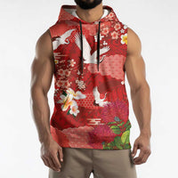 Hawaiian and Japanese Culture Together Sleeveless Hoodie Red Ohia Lehua Plumeria and Sakura Blooming - Polynesian Pride