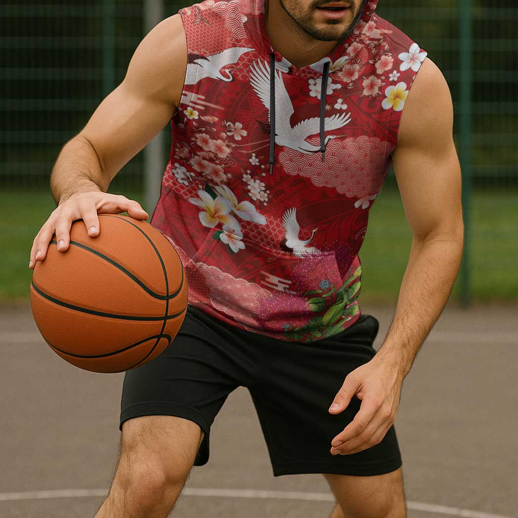 Hawaiian and Japanese Culture Together Sleeveless Hoodie Red Ohia Lehua Plumeria and Sakura Blooming - Polynesian Pride