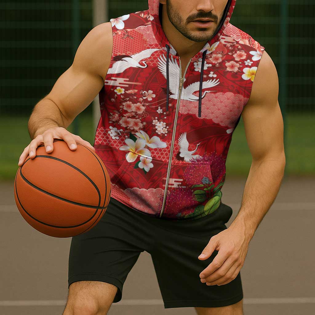 Hawaiian and Japanese Culture Together Sleeveless Zip Hoodie Red Ohia Lehua Plumeria and Sakura Blooming - Polynesian Pride