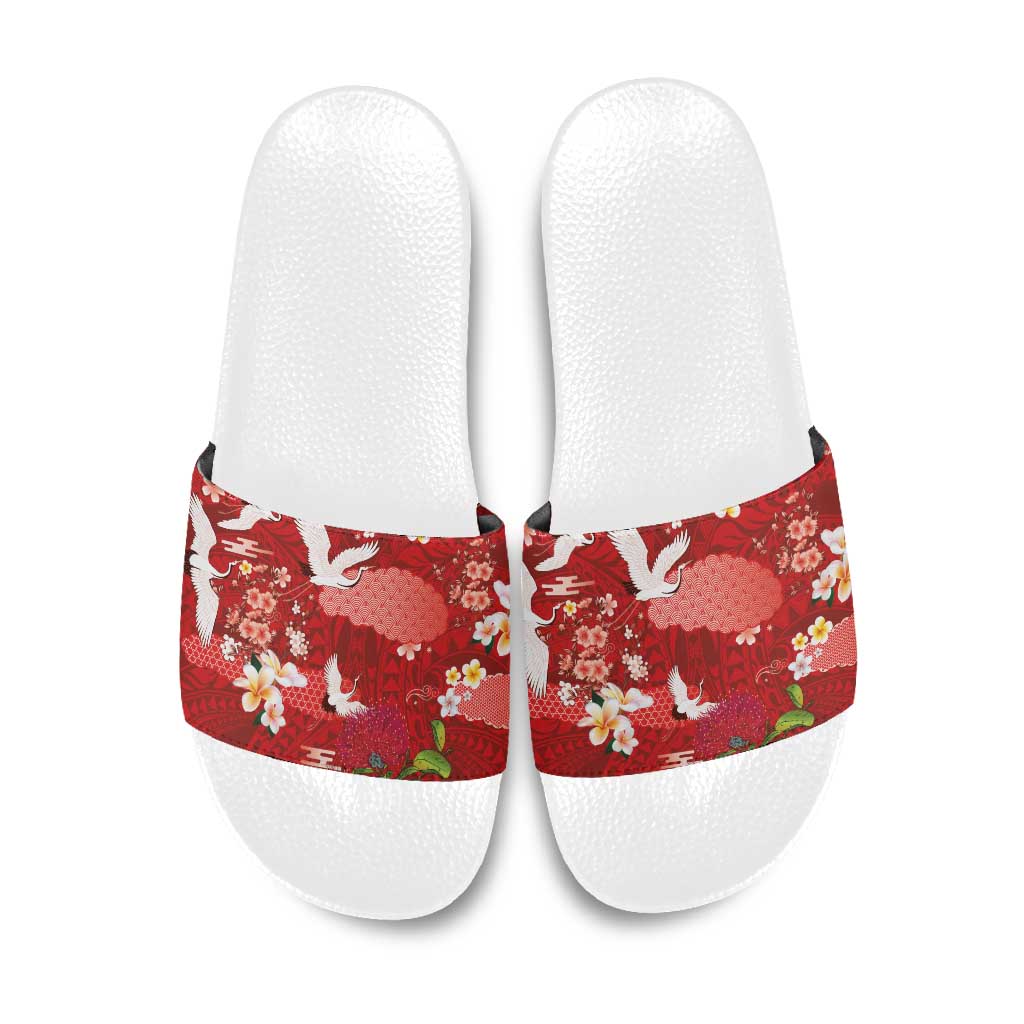 Hawaiian and Japanese Culture Together Slide Sandals Red Ohia Lehua Plumeria and Sakura Blooming - Polynesian Pride