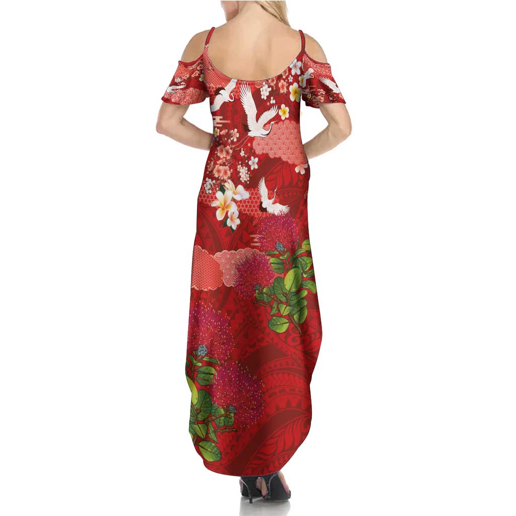 Hawaiian and Japanese Culture Together Summer Maxi Dress Red Ohia Lehua Plumeria and Sakura Blooming - Polynesian Pride