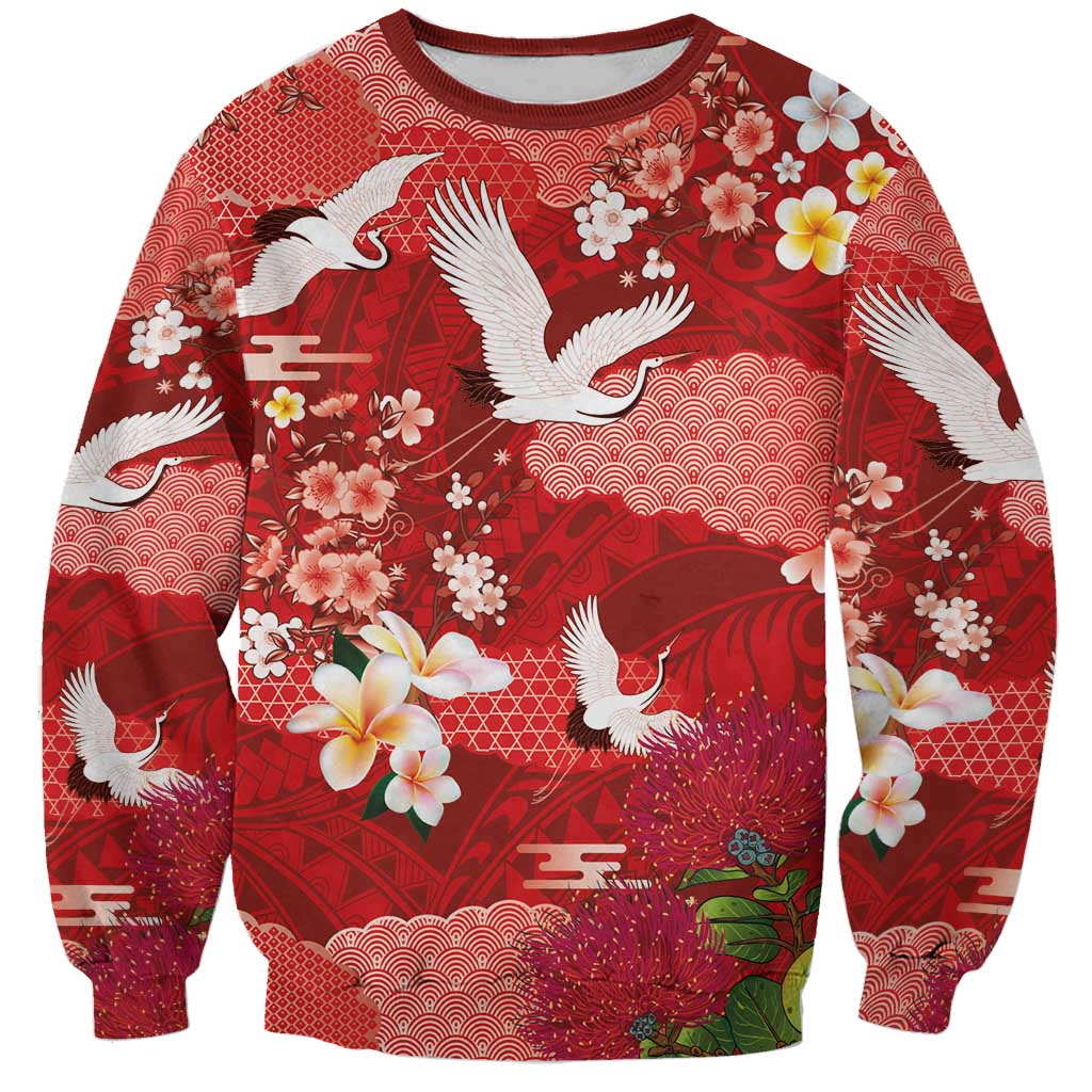 Hawaiian and Japanese Culture Together Sweatshirt Red Ohia Lehua Plumeria and Sakura Blooming - Polynesian Pride