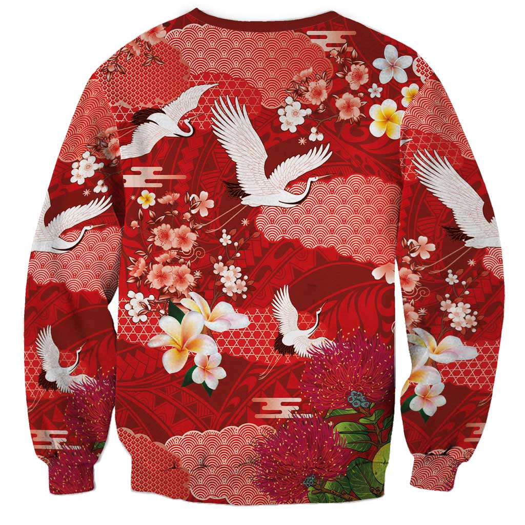Hawaiian and Japanese Culture Together Sweatshirt Red Ohia Lehua Plumeria and Sakura Blooming - Polynesian Pride
