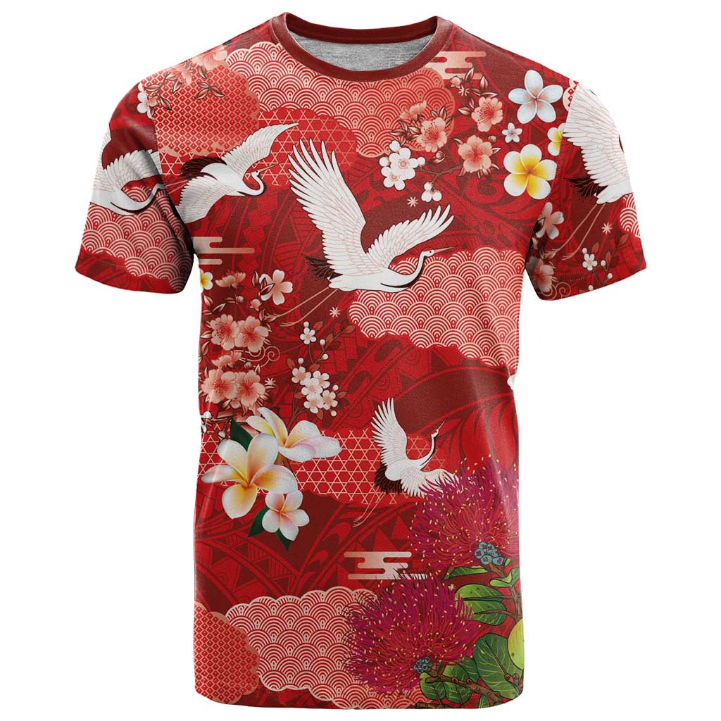 Hawaiian and Japanese Culture Together T Shirt Red Ohia Lehua Plumeria and Sakura Blooming - Polynesian Pride