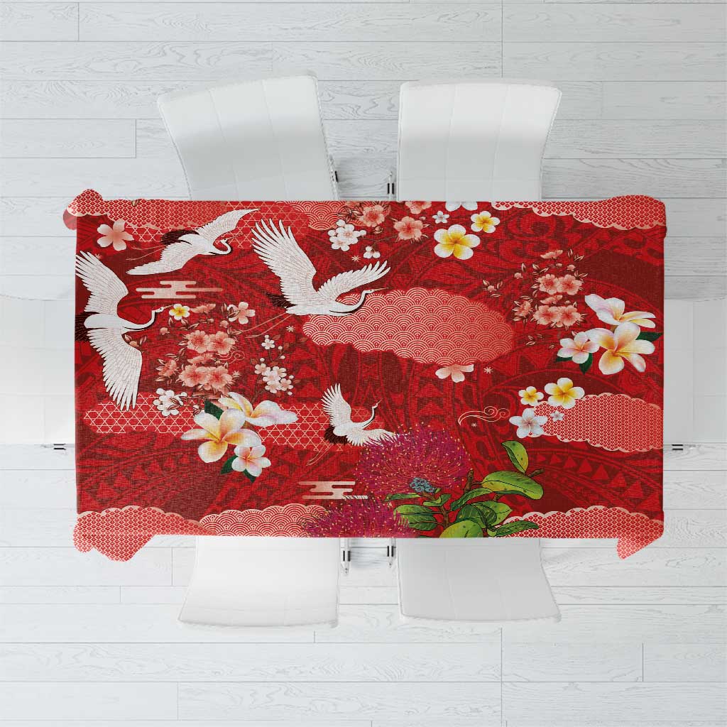 Hawaiian and Japanese Culture Together Tablecloth Red Ohia Lehua Plumeria and Sakura Blooming - Polynesian Pride
