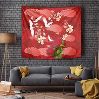 Hawaiian and Japanese Culture Together Tapestry Red Ohia Lehua Plumeria and Sakura Blooming - Polynesian Pride