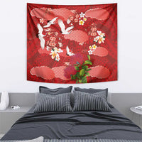 Hawaiian and Japanese Culture Together Tapestry Red Ohia Lehua Plumeria and Sakura Blooming - Polynesian Pride