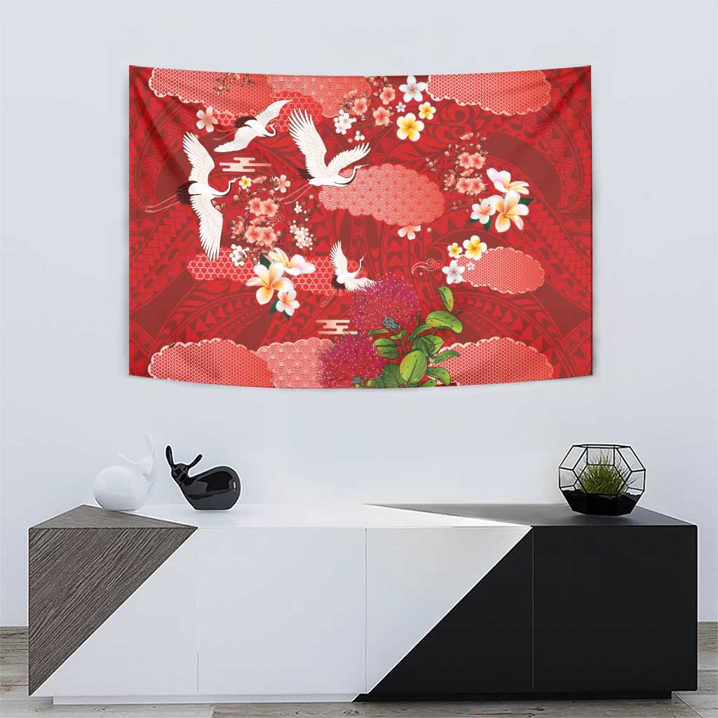 Hawaiian and Japanese Culture Together Tapestry Red Ohia Lehua Plumeria and Sakura Blooming - Polynesian Pride