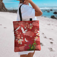 Hawaiian and Japanese Culture Together Tote Bag Red Ohia Lehua Plumeria and Sakura Blooming - Polynesian Pride