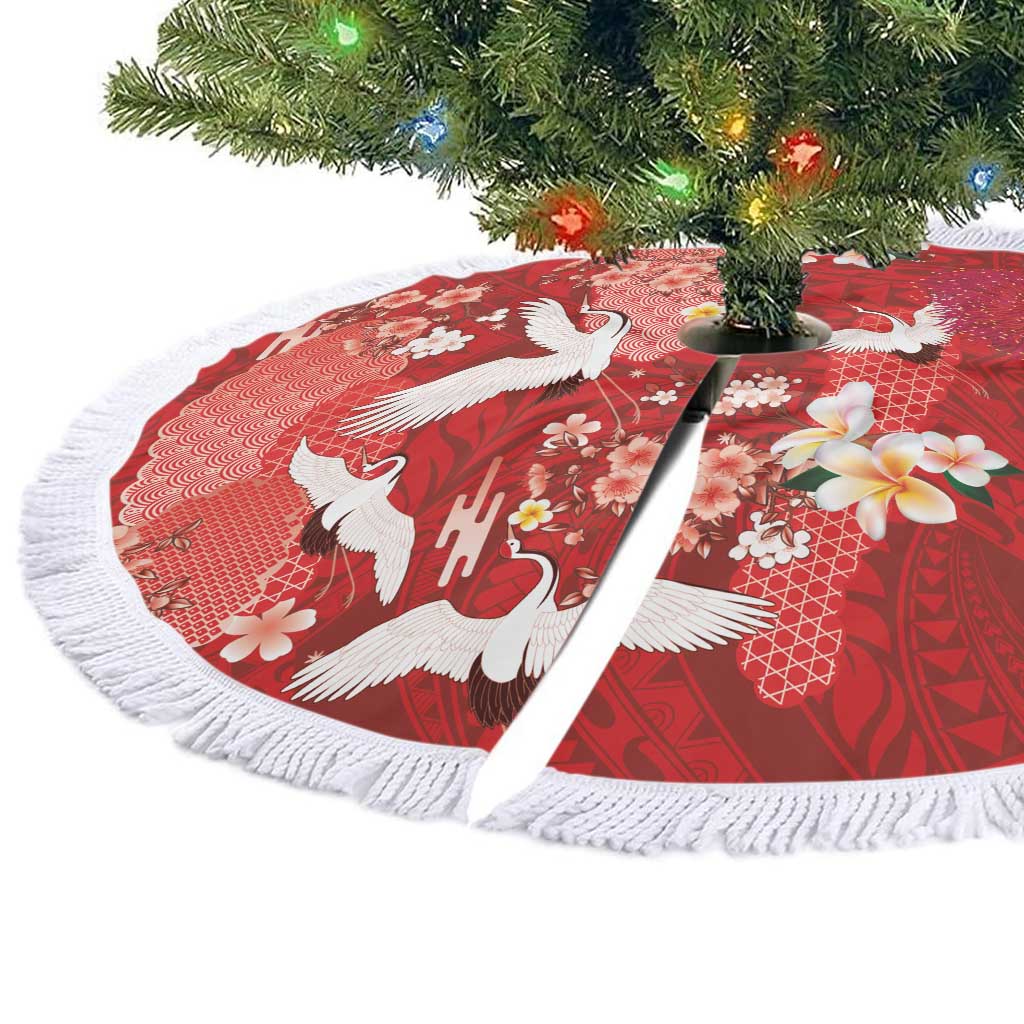 Hawaiian and Japanese Culture Together Tree Skirt Red Ohia Lehua Plumeria and Sakura Blooming - Polynesian Pride