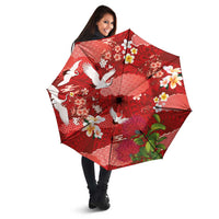 Hawaiian and Japanese Culture Together Umbrella Red Ohia Lehua Plumeria and Sakura Blooming - Polynesian Pride