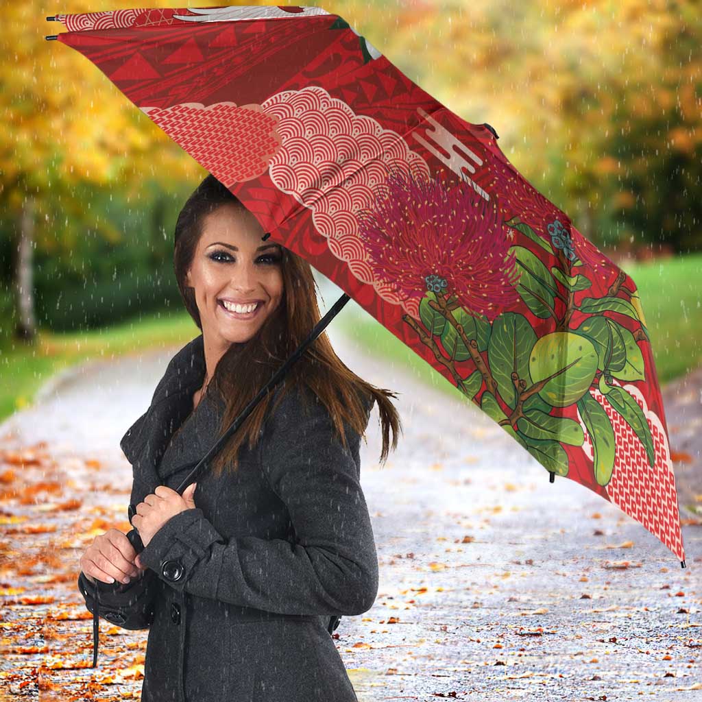 Hawaiian and Japanese Culture Together Umbrella Red Ohia Lehua Plumeria and Sakura Blooming - Polynesian Pride