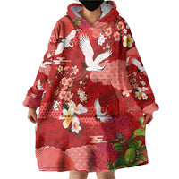 Hawaiian and Japanese Culture Together Wearable Blanket Hoodie Red Ohia Lehua Plumeria and Sakura Blooming - Polynesian Pride