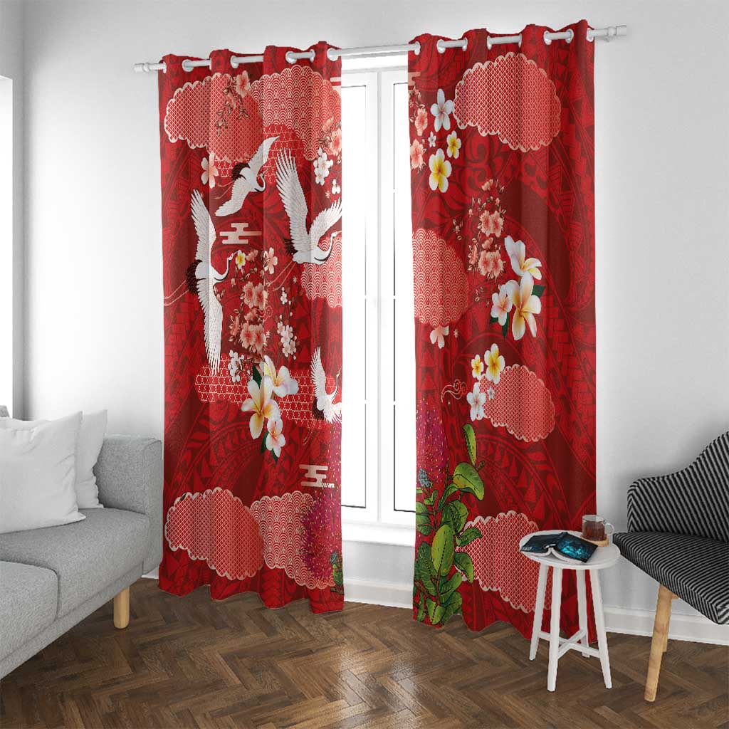 Hawaiian and Japanese Culture Together Window Curtain Red Ohia Lehua Plumeria and Sakura Blooming - Polynesian Pride