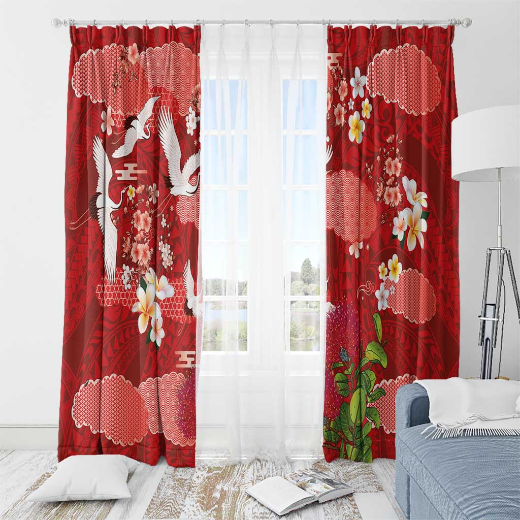 Hawaiian and Japanese Culture Together Window Curtain Red Ohia Lehua Plumeria and Sakura Blooming - Polynesian Pride