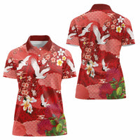 Hawaiian and Japanese Culture Together Women Polo Shirt Red Ohia Lehua Plumeria and Sakura Blooming - Polynesian Pride