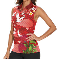 Hawaiian and Japanese Culture Together Women Sleeveless Polo Shirt Red Ohia Lehua Plumeria and Sakura Blooming - Polynesian Pride