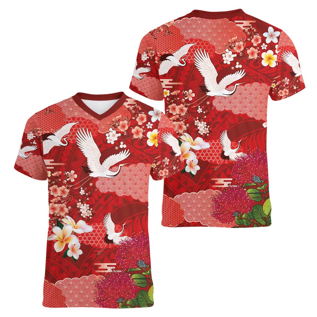 Hawaiian and Japanese Culture Together Women V-Neck T-Shirt Red Ohia Lehua Plumeria and Sakura Blooming - Polynesian Pride