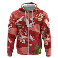 Hawaiian and Japanese Culture Together Zip Hoodie Red Ohia Lehua Plumeria and Sakura Blooming - Polynesian Pride