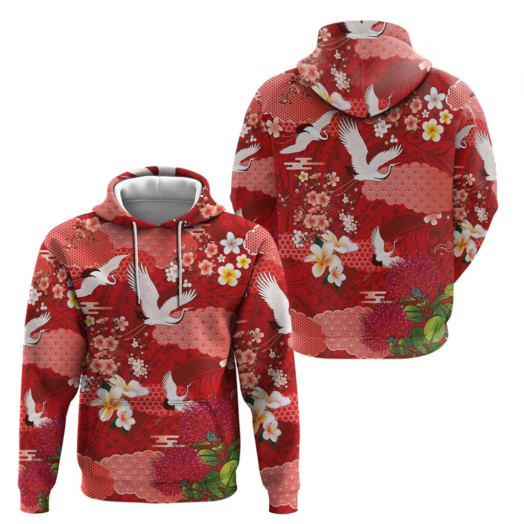 Hawaiian and Japanese Culture Together Zip Hoodie Red Ohia Lehua Plumeria and Sakura Blooming - Polynesian Pride