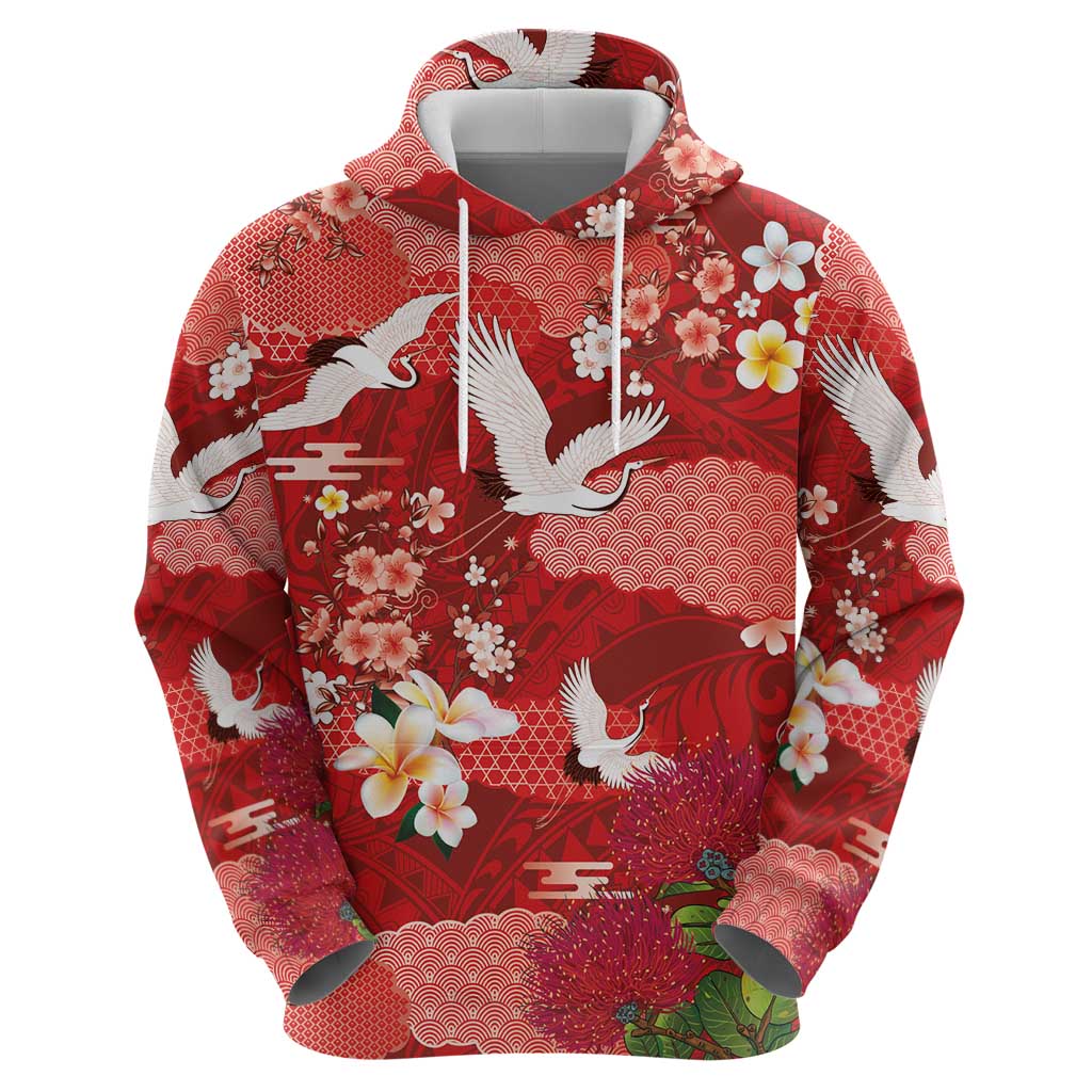 Hawaiian and Japanese Culture Together Zip Hoodie Red Ohia Lehua Plumeria and Sakura Blooming - Polynesian Pride
