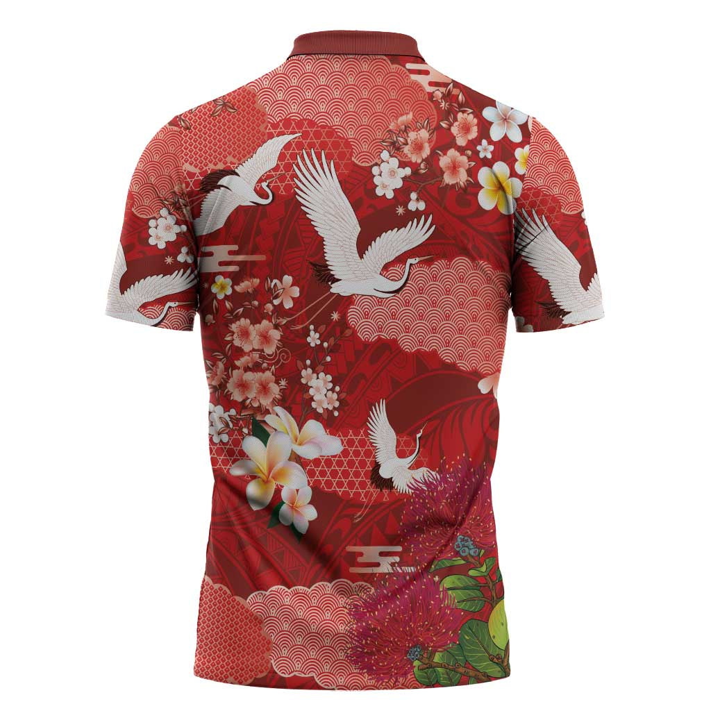 Hawaiian and Japanese Culture Together Zipper Polo Shirt Red Ohia Lehua Plumeria and Sakura Blooming - Polynesian Pride