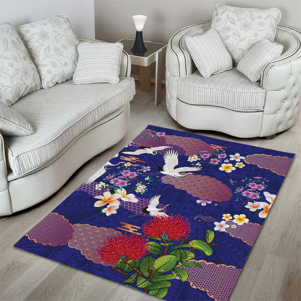 Hawaiian and Japanese Culture Together Area Rug Blue Ohia Lehua Plumeria and Sakura Blooming - Polynesian Pride
