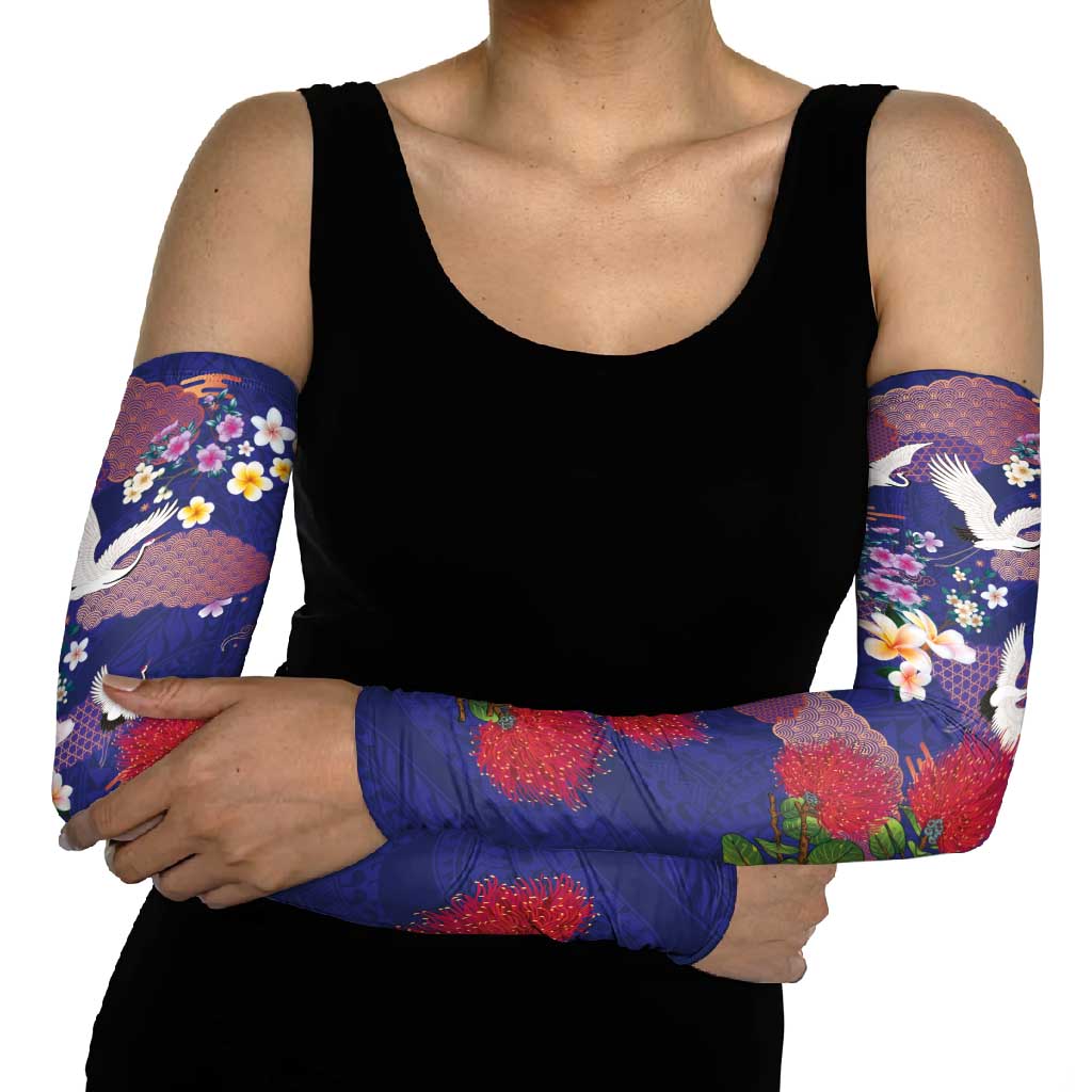 Hawaiian and Japanese Culture Together Arm Sleeves Blue Ohia Lehua Plumeria and Sakura Blooming - Polynesian Pride