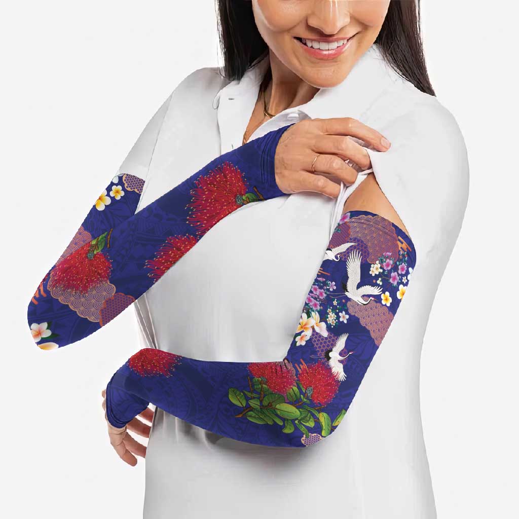 Hawaiian and Japanese Culture Together Arm Sleeves Blue Ohia Lehua Plumeria and Sakura Blooming - Polynesian Pride