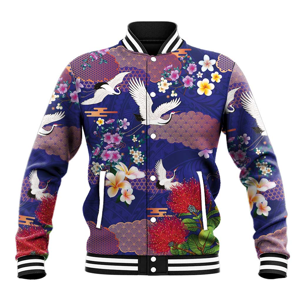 Hawaiian and Japanese Culture Together Baseball Jacket Blue Ohia Lehua Plumeria and Sakura Blooming - Polynesian Pride
