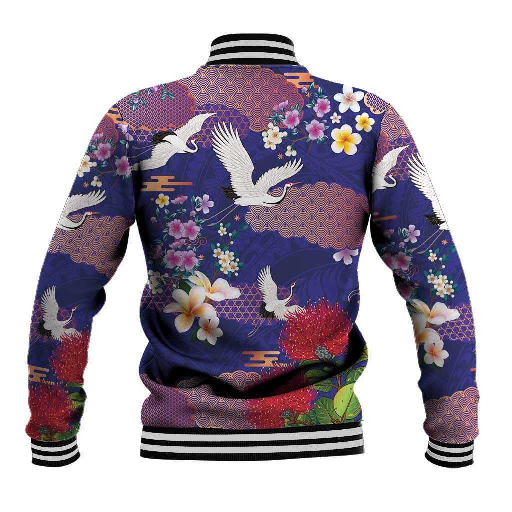 Hawaiian and Japanese Culture Together Baseball Jacket Blue Ohia Lehua Plumeria and Sakura Blooming - Polynesian Pride