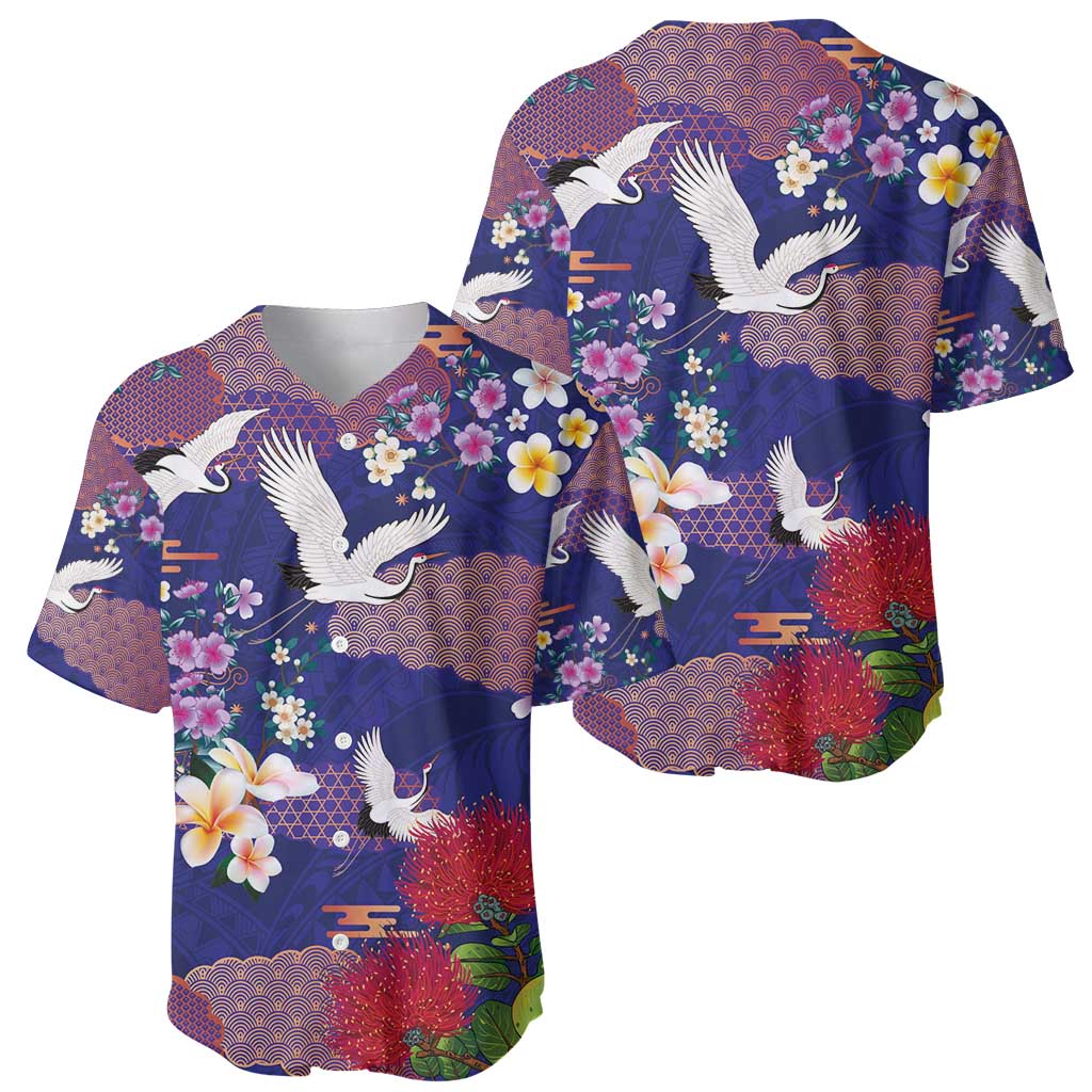 Hawaiian and Japanese Culture Together Baseball Jersey Blue Ohia Lehua Plumeria and Sakura Blooming - Polynesian Pride