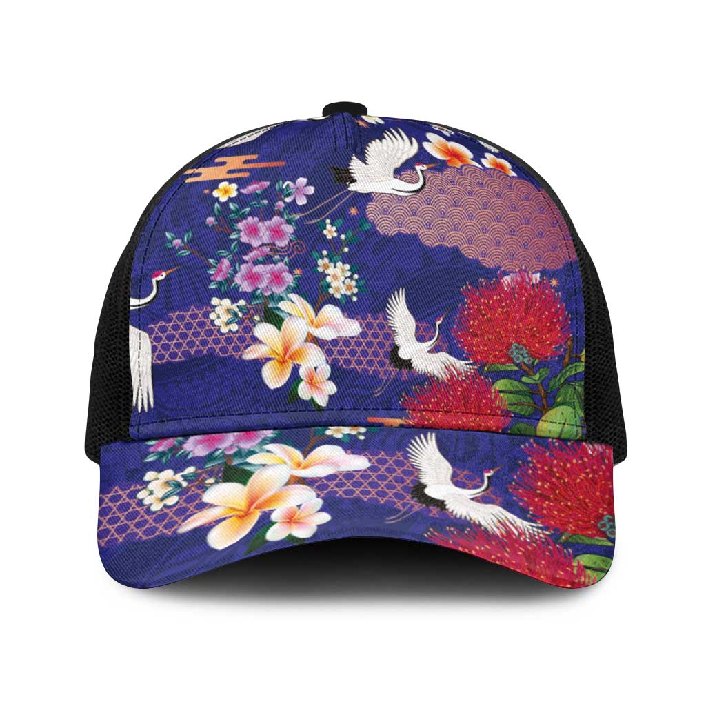 Hawaiian and Japanese Culture Together Baseball Net Cap Blue Ohia Lehua Plumeria and Sakura Blooming - Polynesian Pride