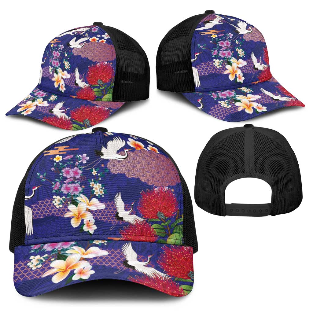 Hawaiian and Japanese Culture Together Baseball Net Cap Blue Ohia Lehua Plumeria and Sakura Blooming - Polynesian Pride