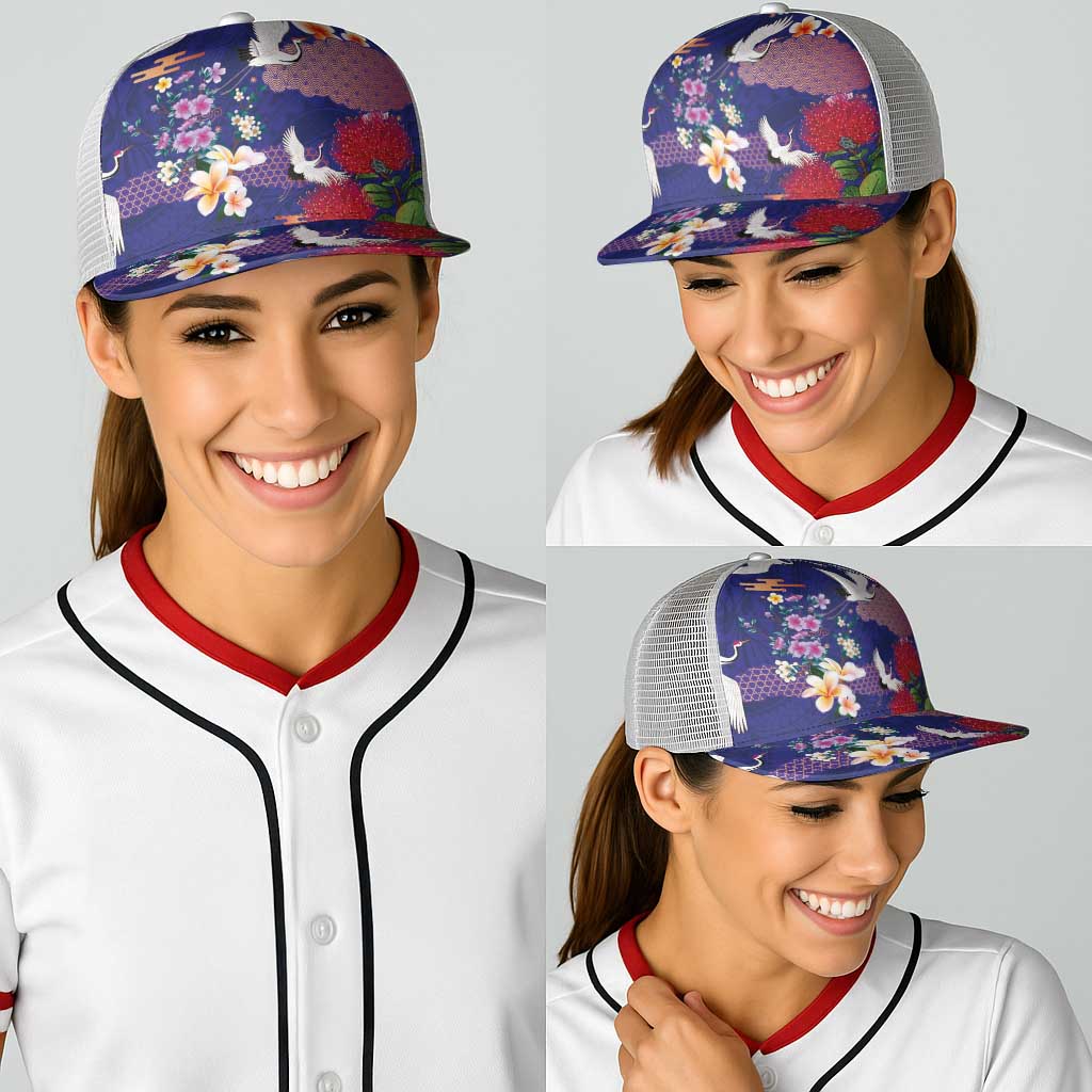 Hawaiian and Japanese Culture Together Baseball Net Cap Blue Ohia Lehua Plumeria and Sakura Blooming - Polynesian Pride