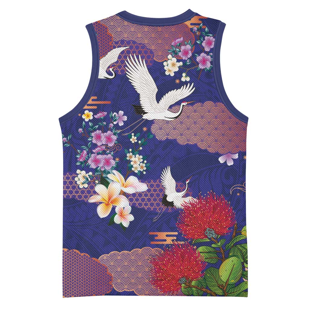 Hawaiian and Japanese Culture Together Basketball Jersey Blue Ohia Lehua Plumeria and Sakura Blooming - Polynesian Pride