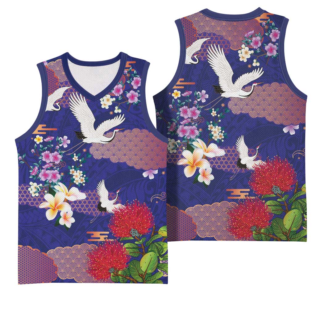 Hawaiian and Japanese Culture Together Basketball Jersey Blue Ohia Lehua Plumeria and Sakura Blooming - Polynesian Pride