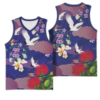 Hawaiian and Japanese Culture Together Basketball Jersey Blue Ohia Lehua Plumeria and Sakura Blooming - Polynesian Pride