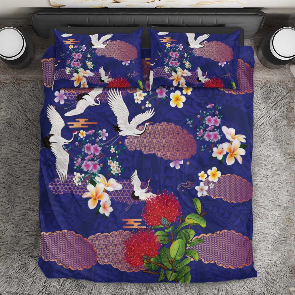 Hawaiian and Japanese Culture Together Bedding Set Blue Ohia Lehua Plumeria and Sakura Blooming - Polynesian Pride