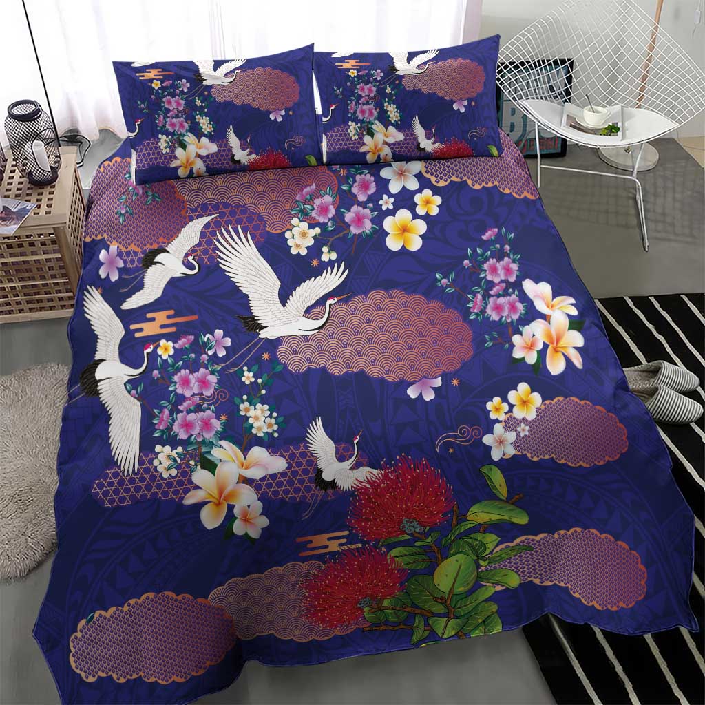 Hawaiian and Japanese Culture Together Bedding Set Blue Ohia Lehua Plumeria and Sakura Blooming - Polynesian Pride
