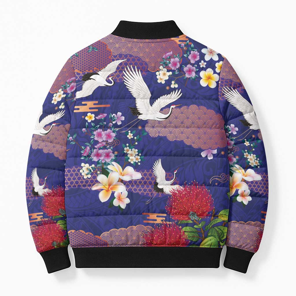 Hawaiian and Japanese Culture Together Bomber Puffer Jacket Blue Ohia Lehua Plumeria and Sakura Blooming - Polynesian Pride