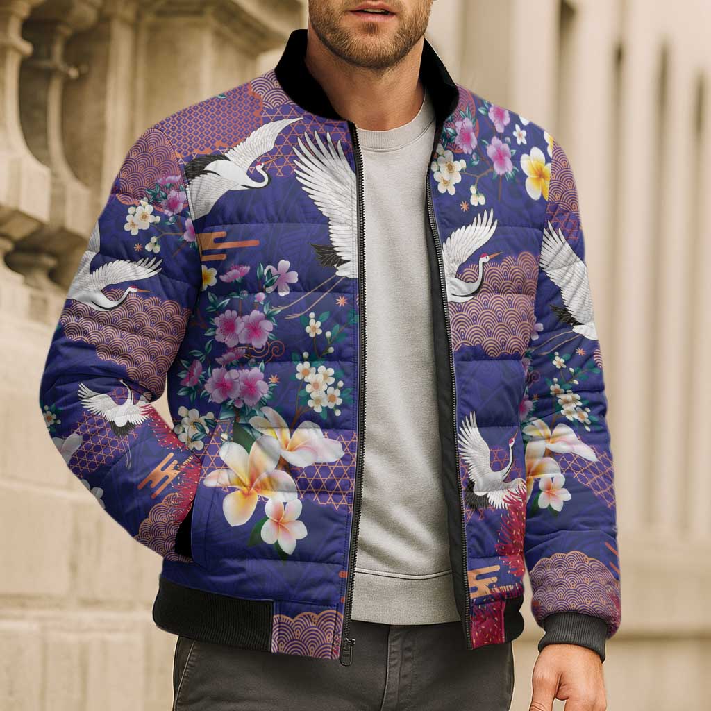 Hawaiian and Japanese Culture Together Bomber Puffer Jacket Blue Ohia Lehua Plumeria and Sakura Blooming - Polynesian Pride