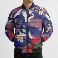 Hawaiian and Japanese Culture Together Bomber Puffer Jacket Blue Ohia Lehua Plumeria and Sakura Blooming - Polynesian Pride