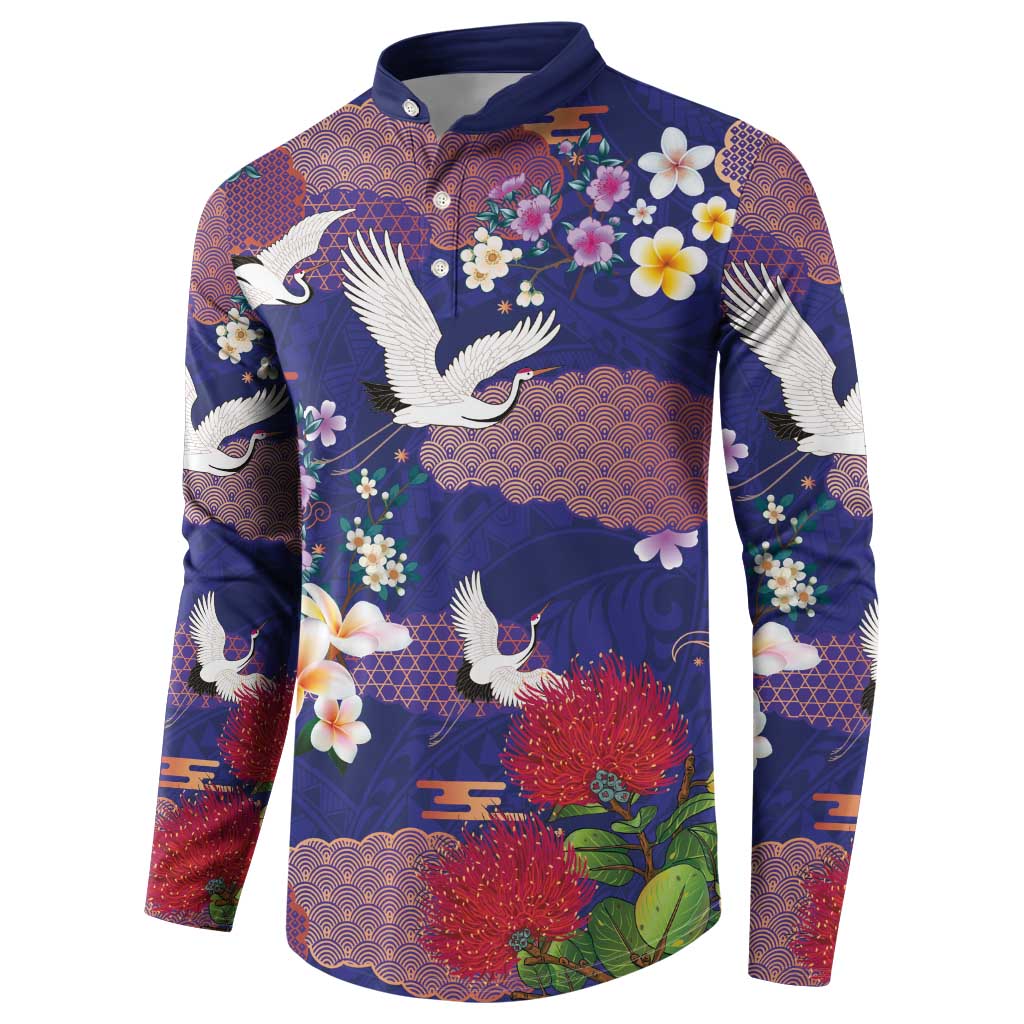 Hawaiian and Japanese Culture Together Button Sweatshirt Blue Ohia Lehua Plumeria and Sakura Blooming - Polynesian Pride